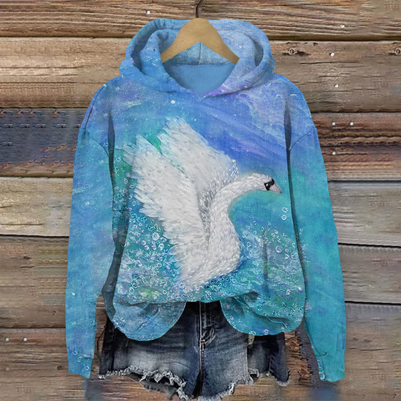 Colorblock Art Swan Taking Offprint Long Sleeve Hoodie - Blue - US44-46(8XL) - image 3