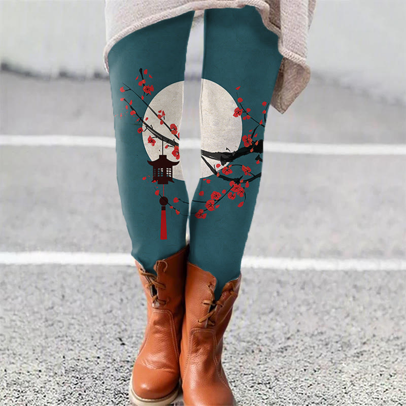 Japanese Sun & Lantern On Plum Blossom Art Print Leggings - Dark Green - 5XL - image 2