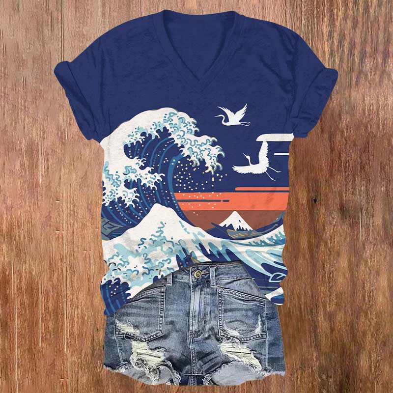 Japanese Style Ocean Wave & Crane Print V-neck T-shirt - Royal Blue - US32-34(5XL) - image 2