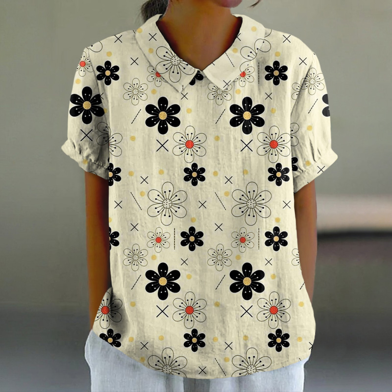 Lovely Black Flowers Print Casual Lapel Loose Blouse - Yellow - 6XL - image 1