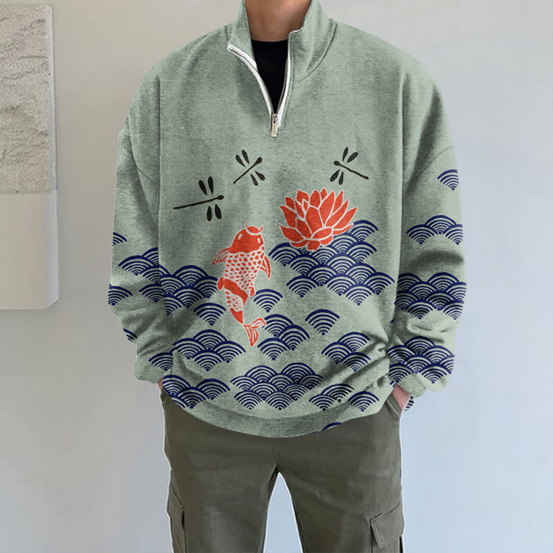 Japanese Style Koi Fish Dragonfly Wave Art Print Long Sleeve Zipper Sweatshirt - Light Green - 5XL - image 6