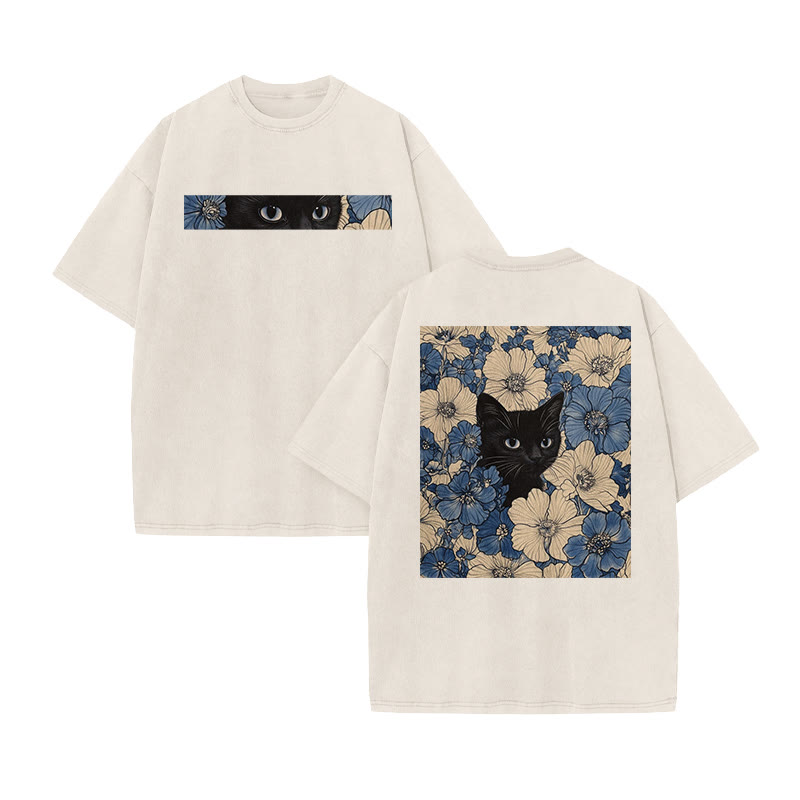 Floral & Black Cat Print Acid Washed T-shirt - Beige - US20-22(3XL) - image 3