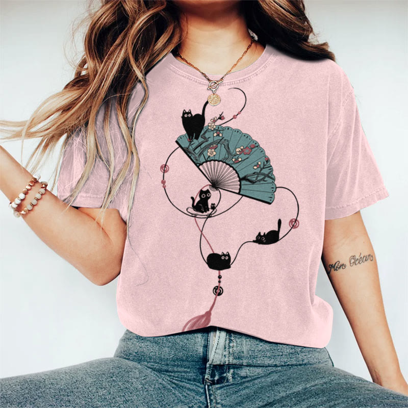 100% Cotton Women's Japanese Creative Floral Fan & Cats Art Print Casual T-shirt - Pink - 2XL - image 3