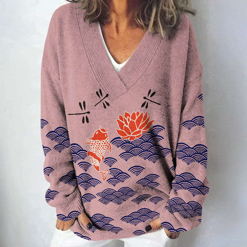Japanese Style Koi Fish Dragonfly Wave Art Print Causal V-neck Pullover Sweater - Pink - 4XL - image 3