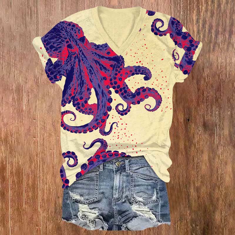 Ocean Vibrant Octopus Print V-neck T-shirt - Apricot - US32-34(5XL) - image 4