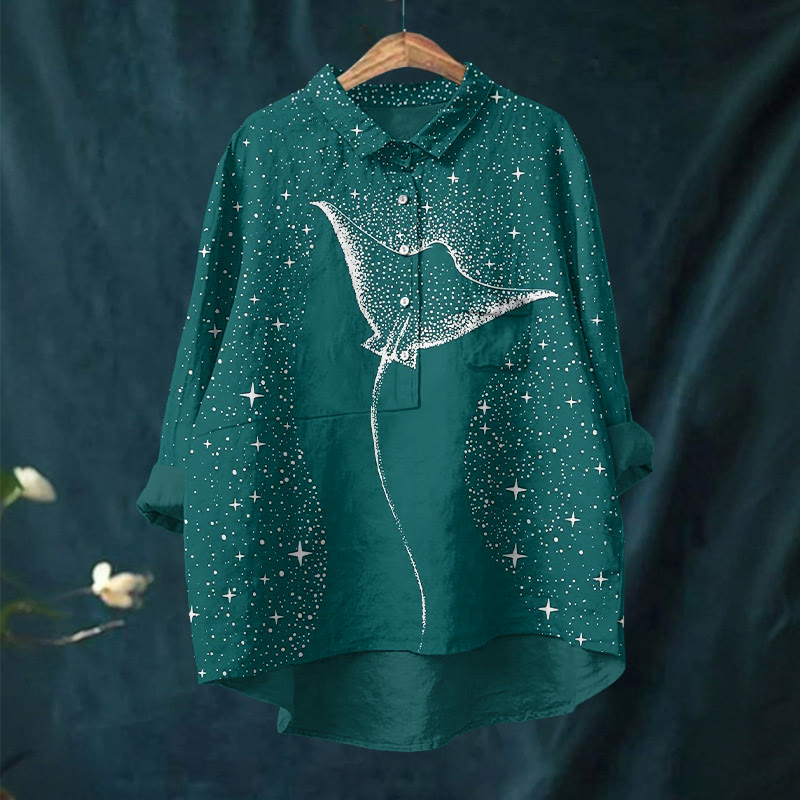 Starry Spotted Eagle Rays Print Casual Lapel Blouse