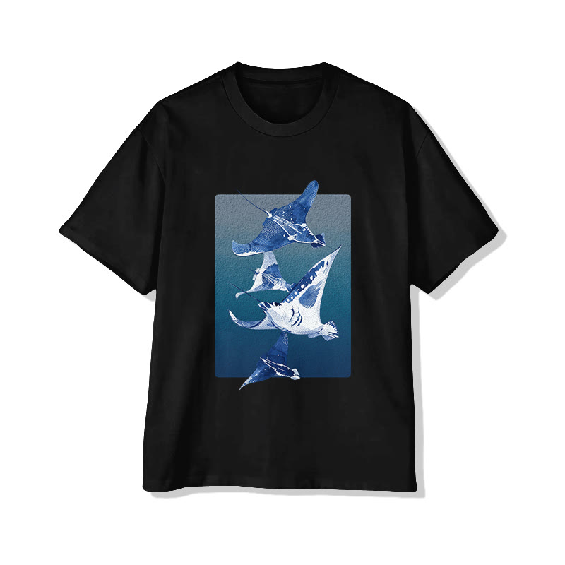 Unisex Ocean Flying Manta Ray Art Pattern Cotton Print T-shirt - Black - US20-22(3XL) - image 4