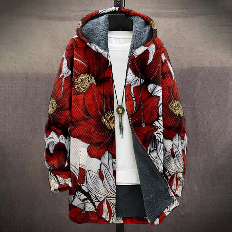 Retro Vivid Red Floral Art Print Unisex Plush Thick Long-sleeved Fleece Jacket Coat - image 2