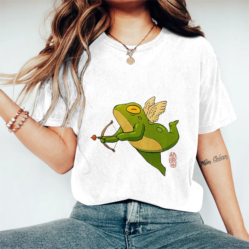 100% Cotton Funny Frog Cupid Art Print Casual T-shirt - White - 2XL - image 4