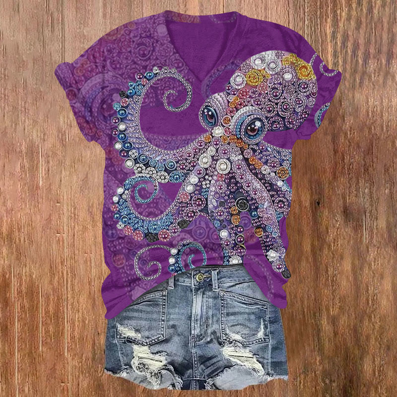 Octpus Print V-neck T-shirt - Purple - US32-34(5XL) - image 2