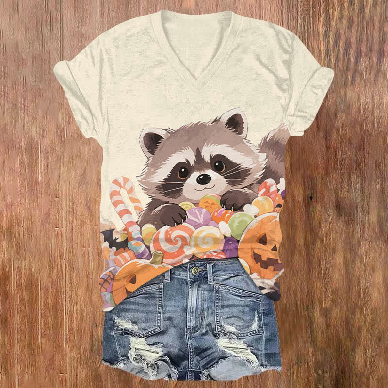 Halloween Raccoon With Colorful Candies Art Print V-neck T-shirt - Beige - US32-34(5XL) - image 4