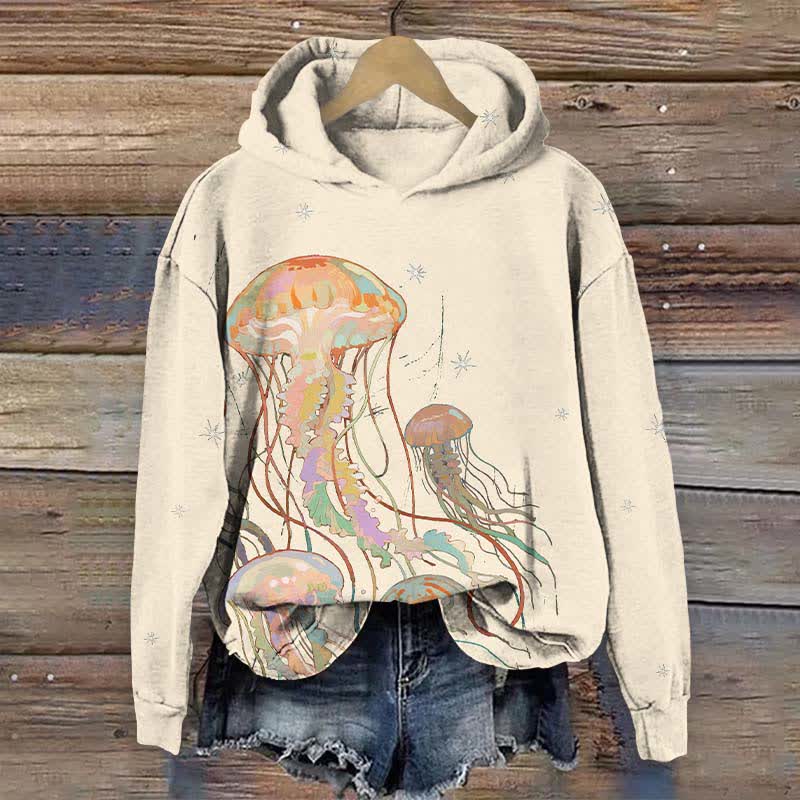Creative Starry Rainbow Jellyfish Art Print Long Sleeve Hoodie - Beige - US44-46(8XL) - image 4