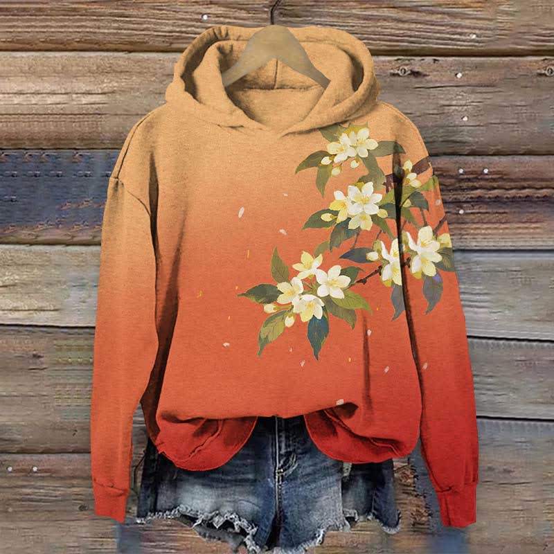 Japanese Ombre Watercolor Pear Blossom Art Print Long Sleeve Hoodie - Orange - US44-46(8XL) - image 3