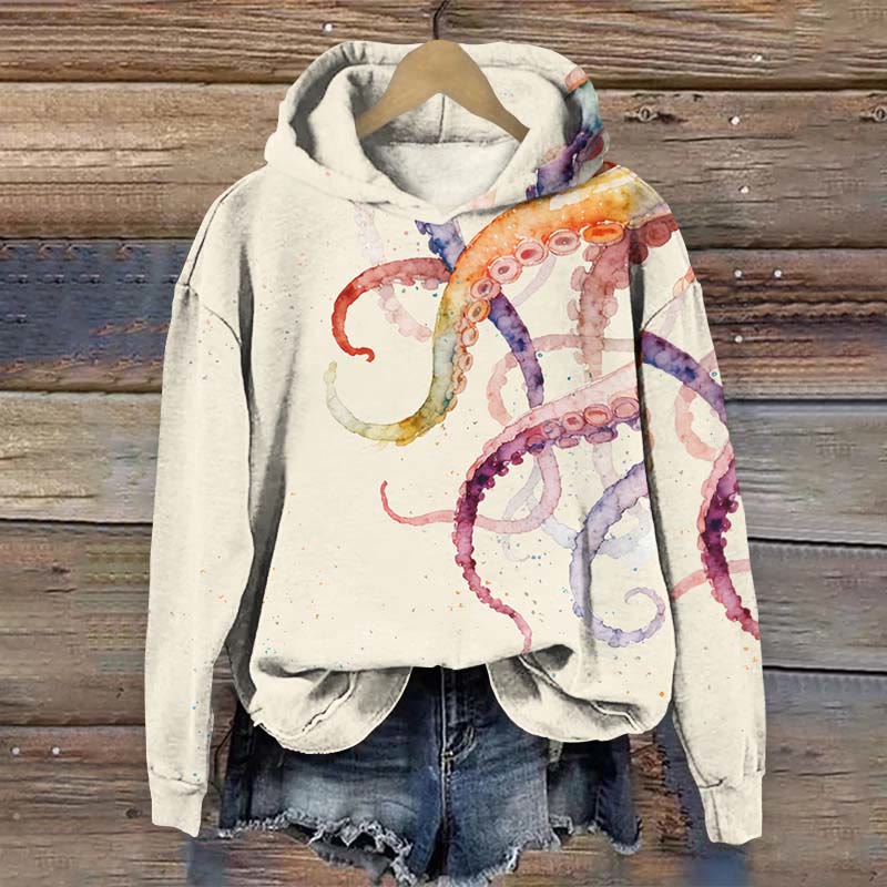 Colorful Octopus Watercolor Art Print Long Sleeve Hoodie - Apricot - US44-46(8XL) - image 2