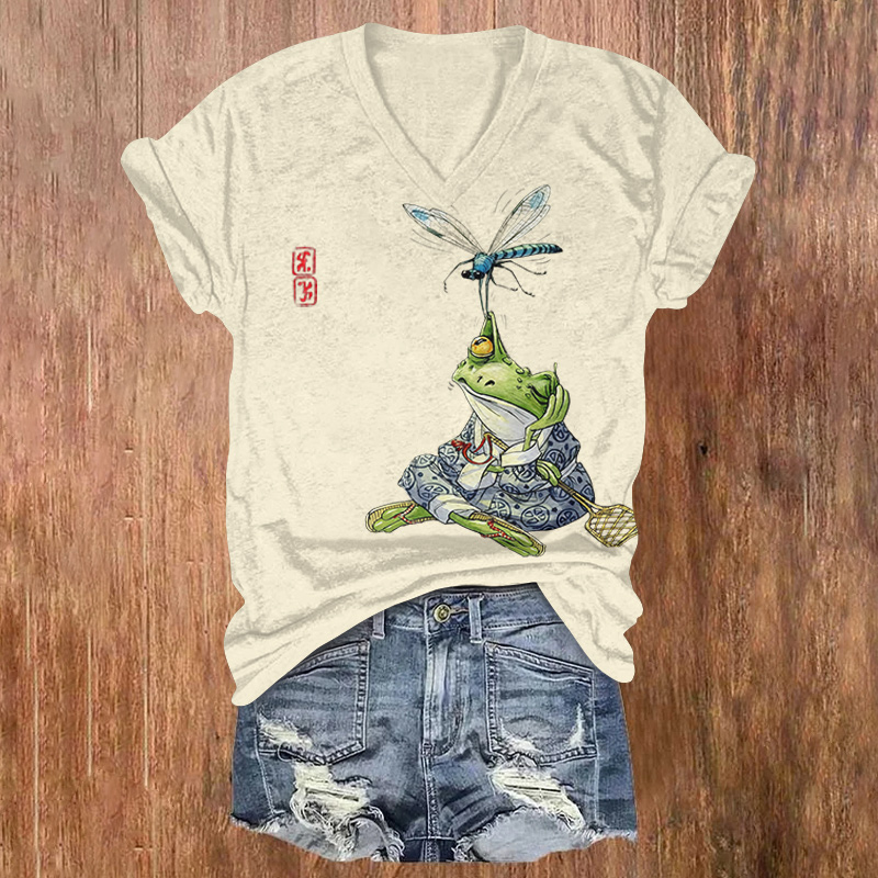 Whimsical Japanese-style Frog And Dragonfly Printed Short Sleeved V-neck T-shirt - Apricot - US32-34(5XL) - image 1