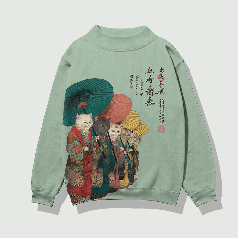Japanese Retro Kimono Cats Pattern Print Mock Neck Sweatshirt - Light Green - 4XL - image 4