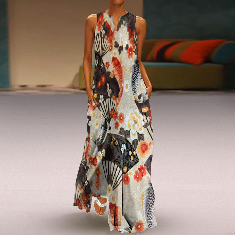 Japanese Ukiyo-e Koi Fan Print Sleeveless Maxi Dress - Khaki - 5XL - image 1