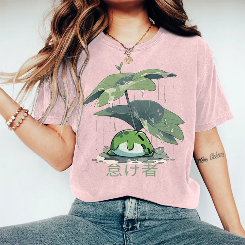 100% Cotton Women's Frog Hiding Rain From Lotus Leaf Umbrella  Art Print Casual T-shirt - Pink - 2XL - image 3