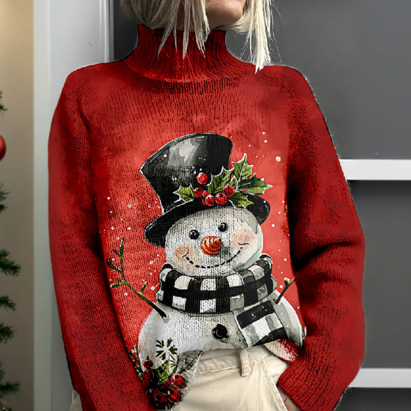 Women's Funny Gentle Snowman Pattern Print Turtleneck Pullover Sweater - image 2