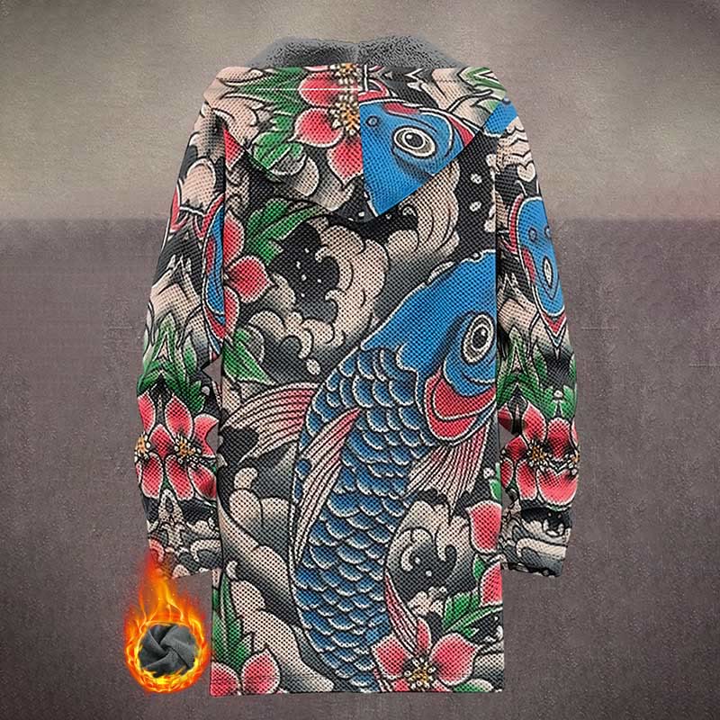 Japanese Funny Colorful Floral Koi Print Unisex Plush Thick Long-sleeved Fleece Jacket Coat - image 4