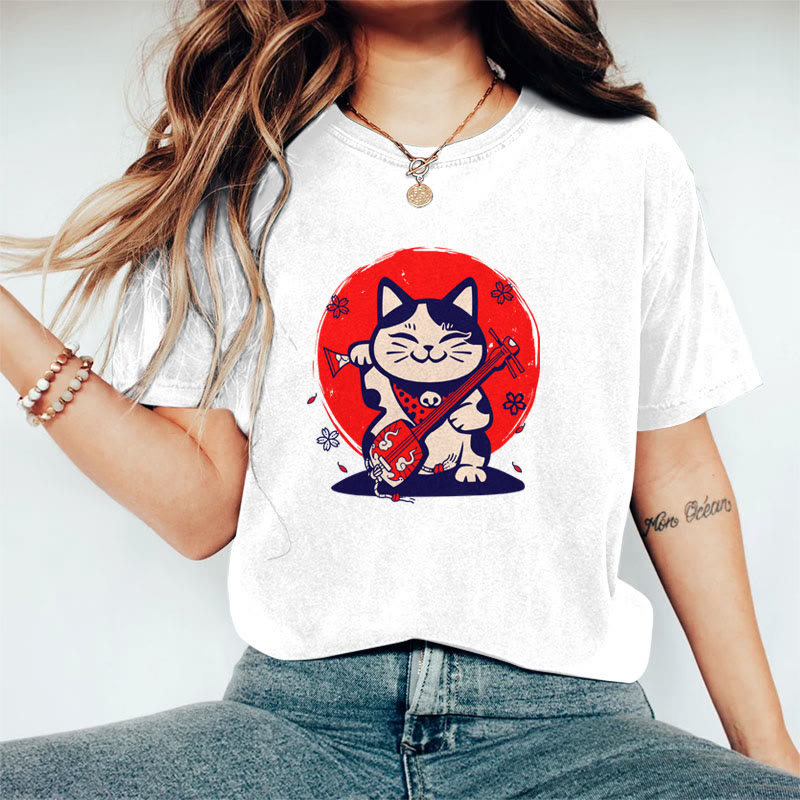 100% Cotton Women's Japanese Lucky Cat Art Print Casual T-shirt - White - 2XL - image 3