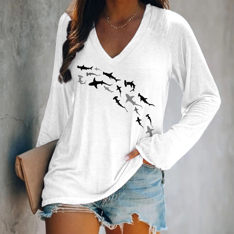 Shark Print V-neck Long Sleeve T-shirt