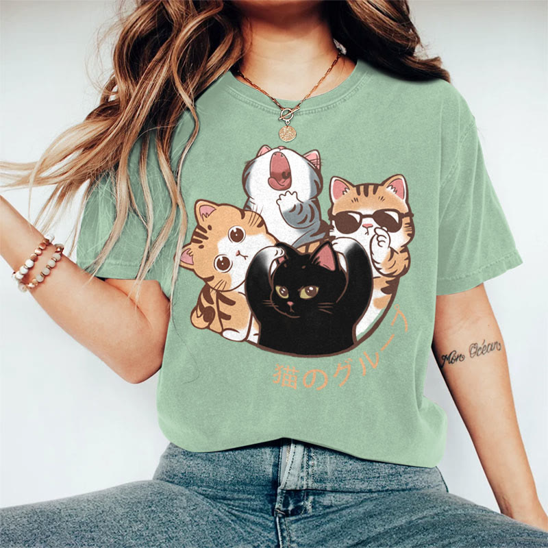 100% Cotton Women's Japanese Lovely Cat Family Art Print Casual T-shirt - Green - 2XL - image 2