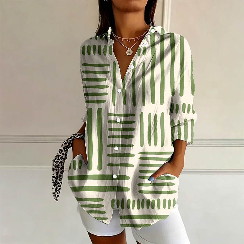 Minimalist Geometric Stripes Pattern Print Long Sleeve Blouse - Green - 4XL - image 1