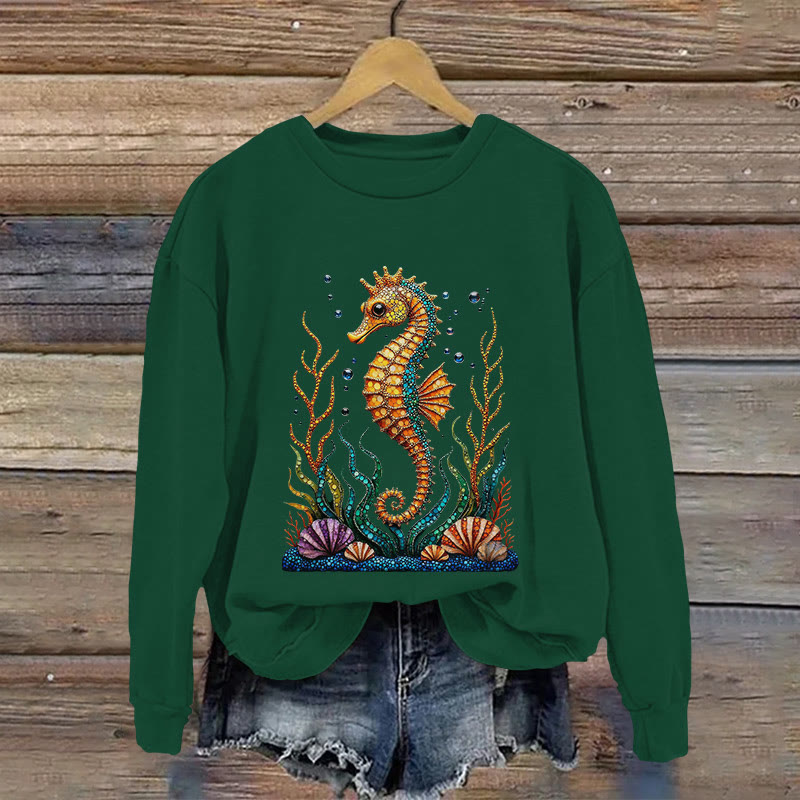 Seahorse And Coral Pattern Print Long Sleeve Sweatshirt - Green - US16-18(2XL) - image 6