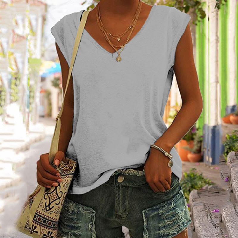 Solid Color Vintage V-neck Casual Tank Top - Light Gray - 5XL - image 4