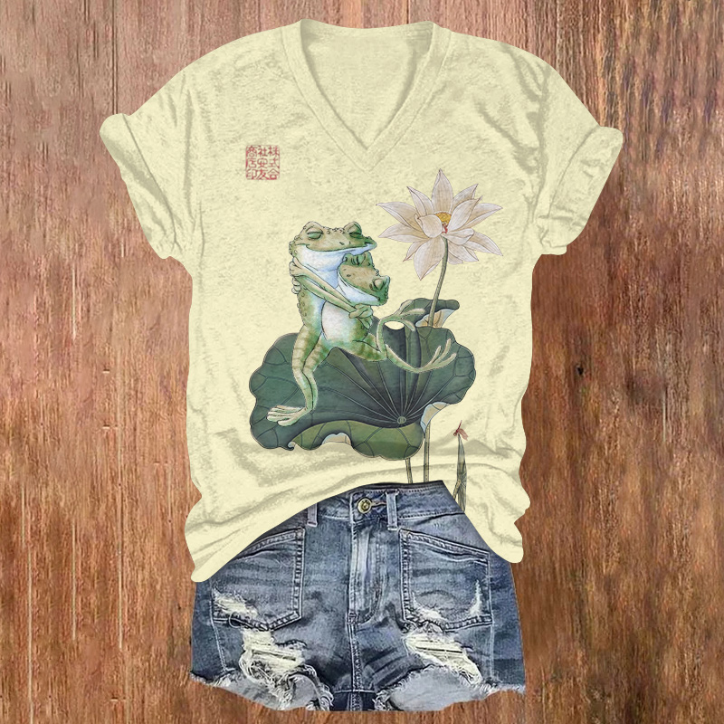 A Japanese-style Frog Dances On A Lotus Leaf Printed Short Sleeved V-neck T-shirt - Yellow - US32-34(5XL) - image 1