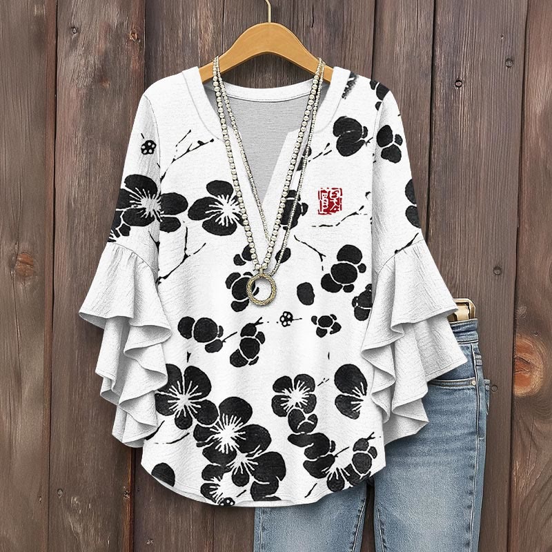 Cherry Blossom Japanese Lino Art Vintage Print V-neck Half Sleeve Blouse - White - 5XL - image 5
