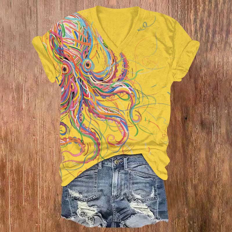 Print V-neck T-shirt - Yellow - US32-34(5XL) - image 8