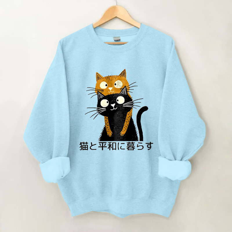 100% Cotton Live Peacefully With Cats Print Crew Neck Sweatshirt - Blue - 2XL - image 4