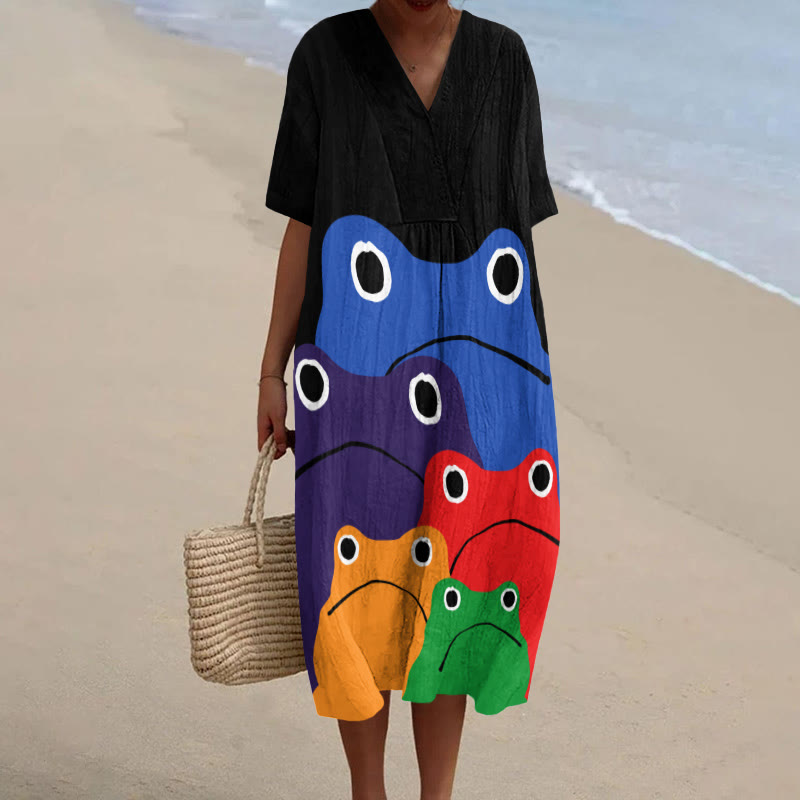 Cascading Rainbow Japanese Frog Print Short-sleeved Midi Dress - Black - 5XL - image 2