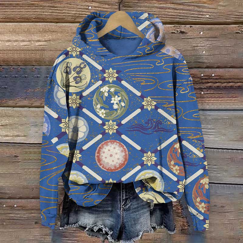 Traditional Geometric Floral Art Print Long Sleeve Hoodie - Blue - US44-46(8XL) - image 2