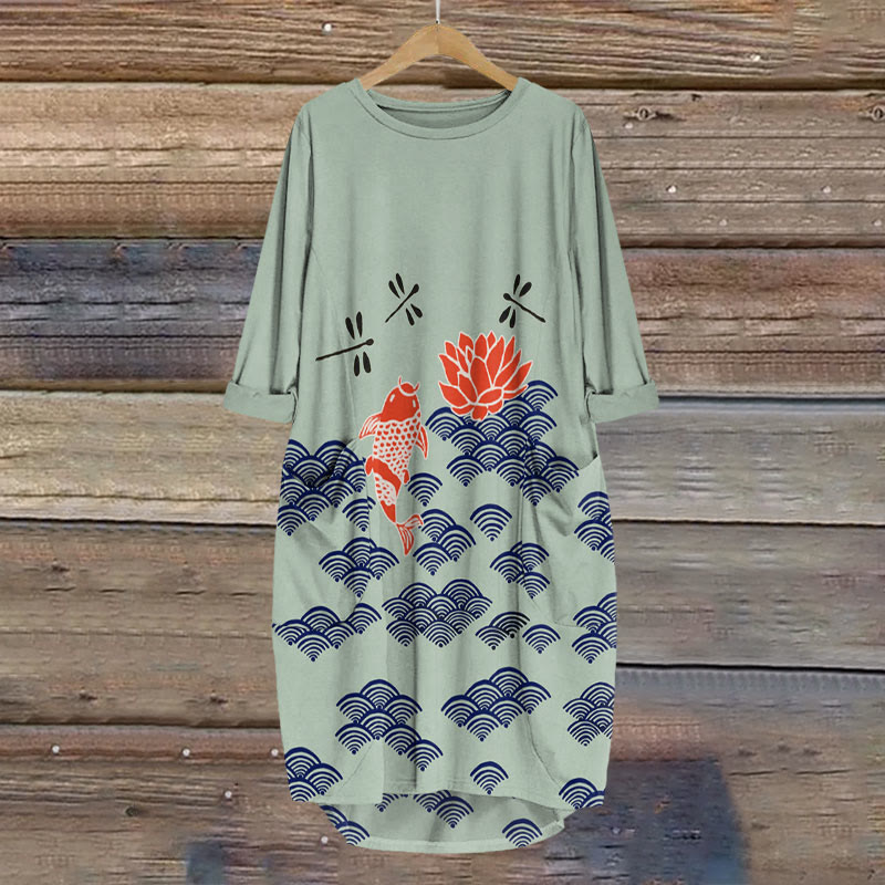 Japanese Style Koi Fish Dragonfly Wave Art Print Crew Neck Dress - Light Green - 8XL - image 4