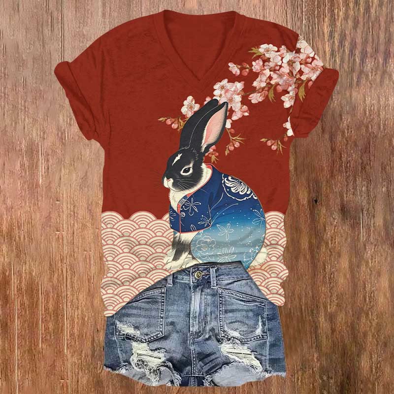 Japanese Sakura Wave Bunny Art Print V-neck T-shirt - Red - US32-34(5XL) - image 2