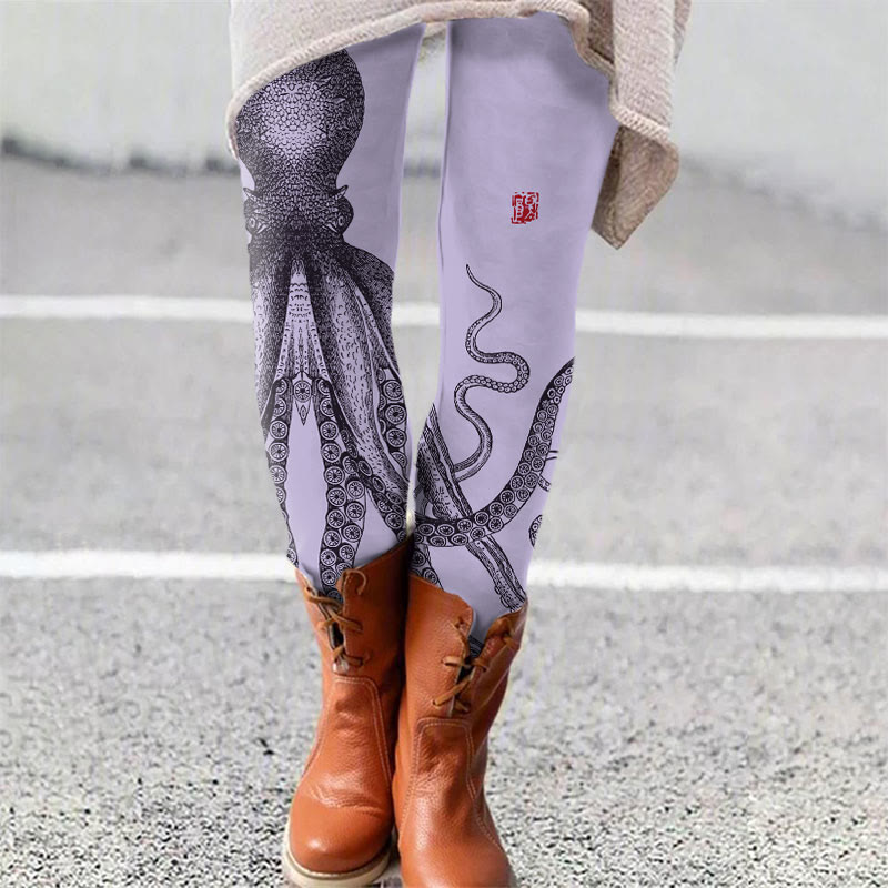 Japanese Art Octopus And Crab Print Leggings - Purple - 5XL - image 2