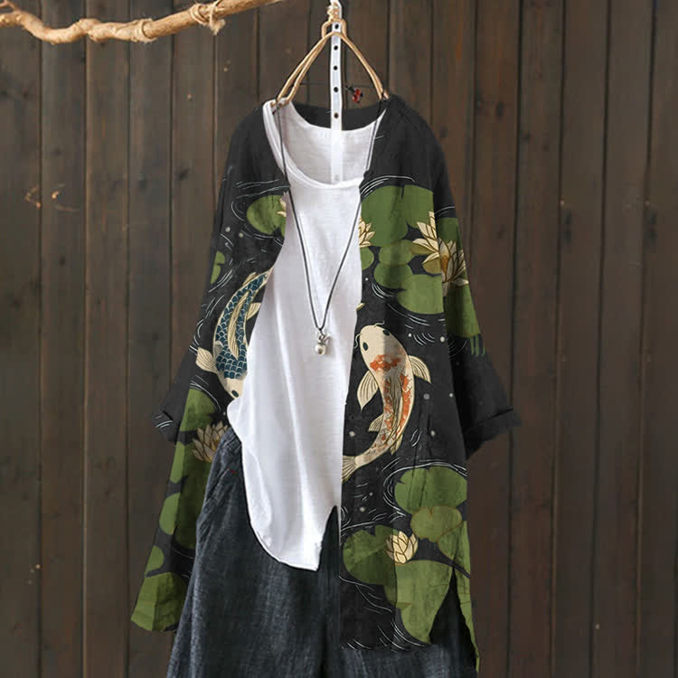  Japanese Koi In The Lotus Pond Pattern Print Cardigan - image 4