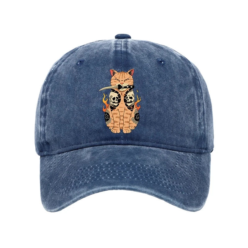 Unisex 100% Cotton Catana Cat Skull Tattooed Samurai Vintage Print Cap - Blue - one size - image 5