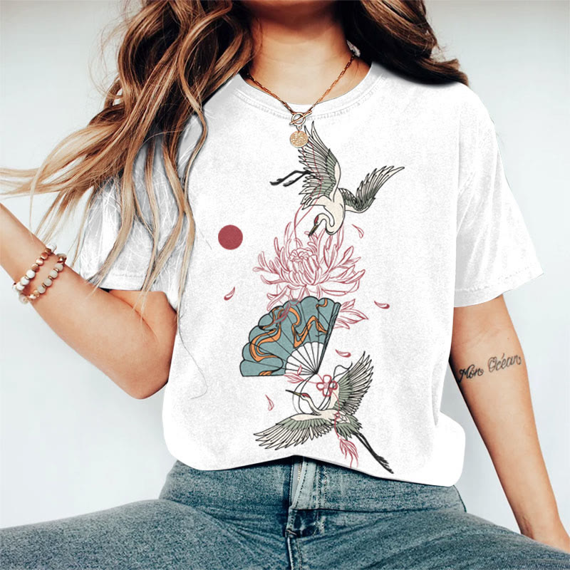 100% Cotton Women's Japanese Crane Floral Fan Art Print Casual T-shirt - White - 2XL - image 2