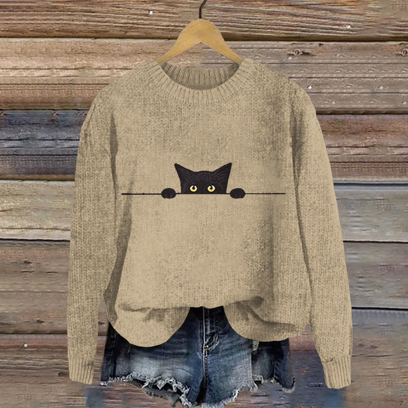 Women's Black Cat Print Crew Neck Casual Sweater - Khaki - XL - image 4