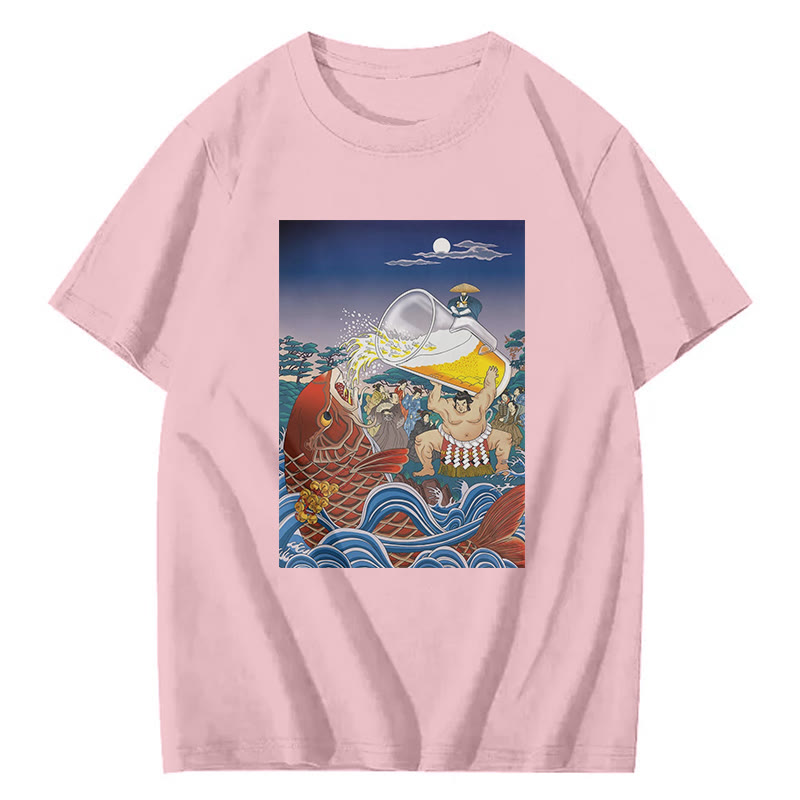 Asahi Beer Ukiyo-E Print Short Sleeved Crew Neck T-Shirt - Pink - 2XL - image 4