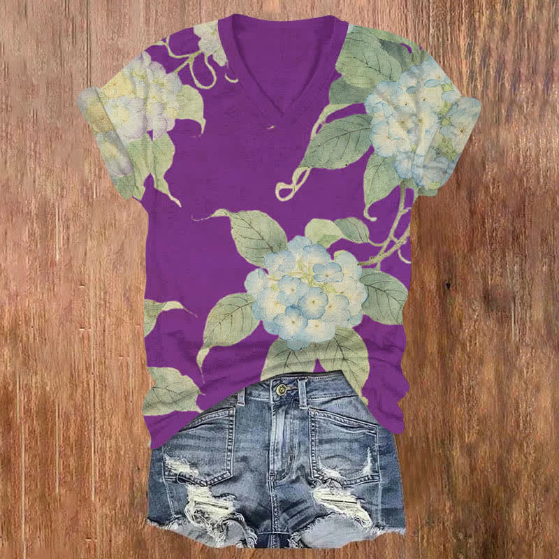 Japanese Watercolor Hydrangea Art Print V-neck T-shirt - Purple - US32-34(5XL) - image 3