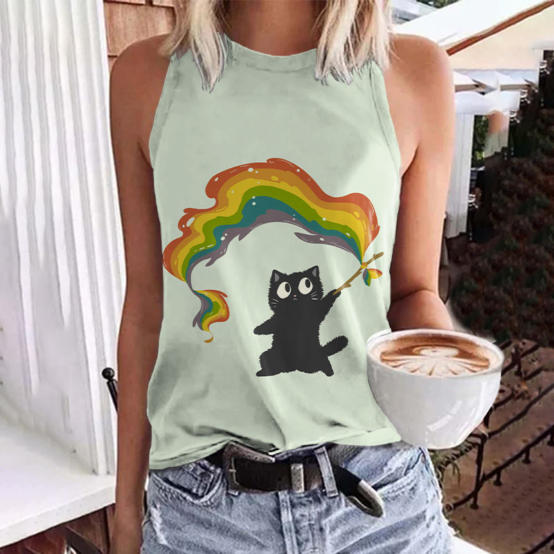 Lovely Black Cat Holding Rainbow Flag Print Crew Neck Tank Top - Green - 5XL - image 3