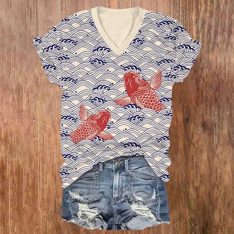 Japanese Red Koi Covered With Wave Patterns Print V-neck T-shirt - Royal Blue - US32-34(5XL) - image 3