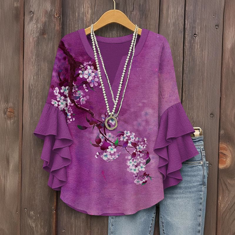 Japanese Antique Pear Blossom Ink Painting Print V-neck Half Sleeve Blouse - Purple - 5XL - image 3