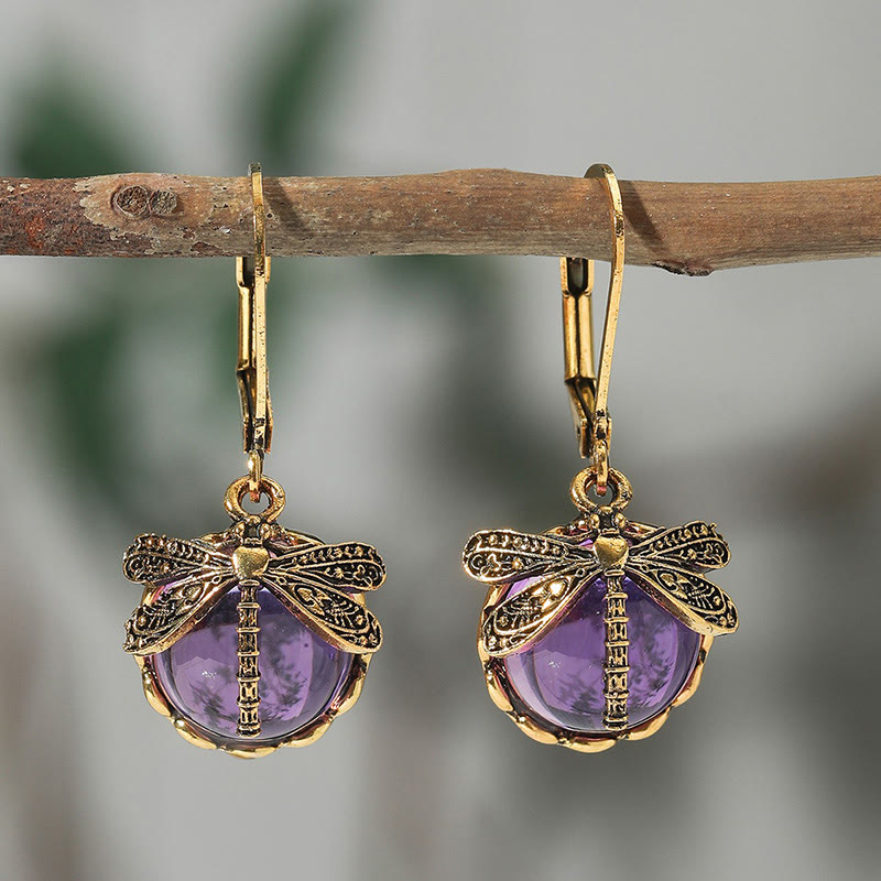 Bohemian Vintage Dragonfly Crystal Drop Earrings - Purple - one size - image 6