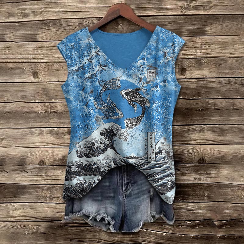 Japanese Koi Wave Print V-neck Tank Top - Blue - 5XL - image 4